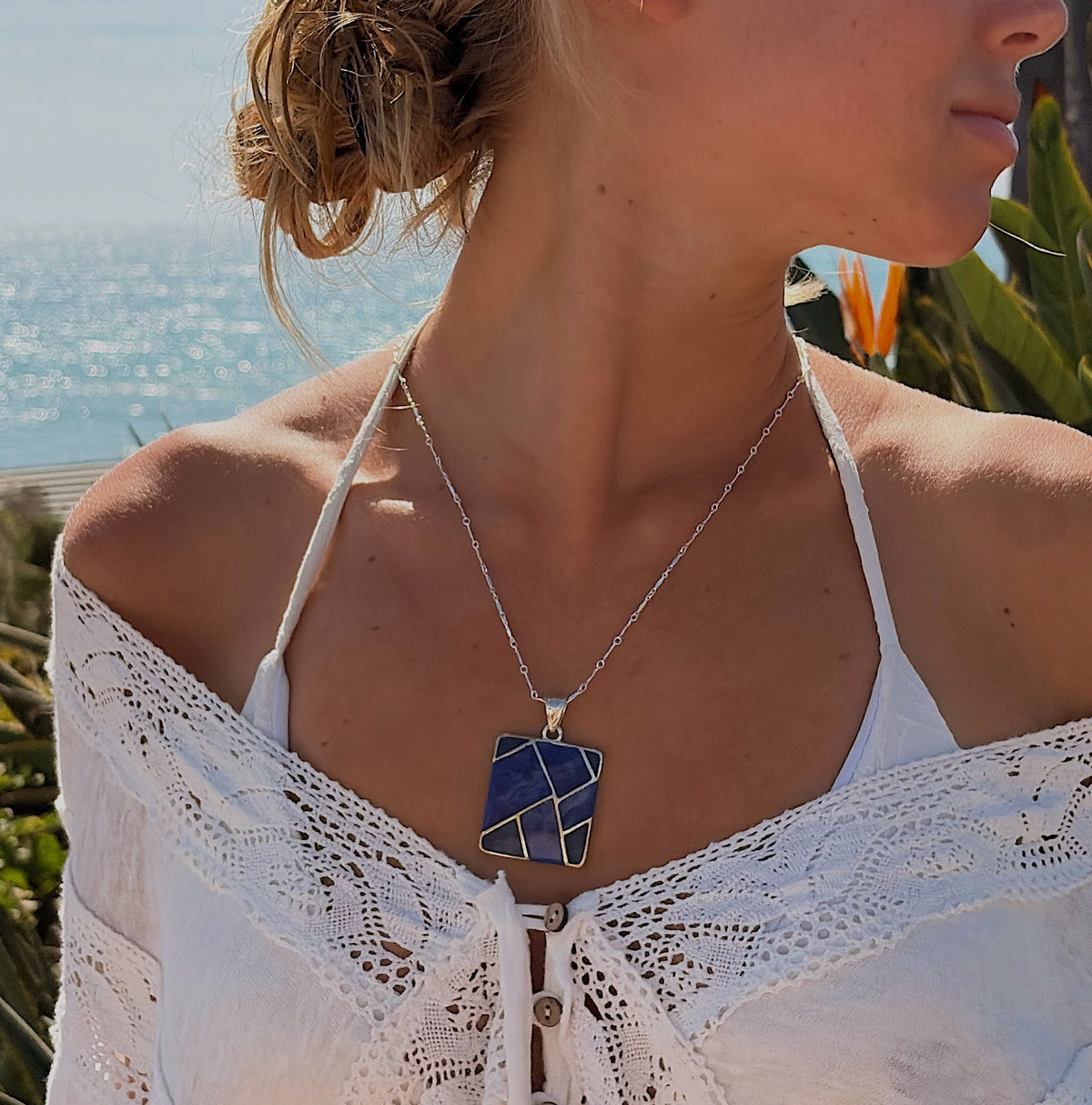 silver ocean tile necklace